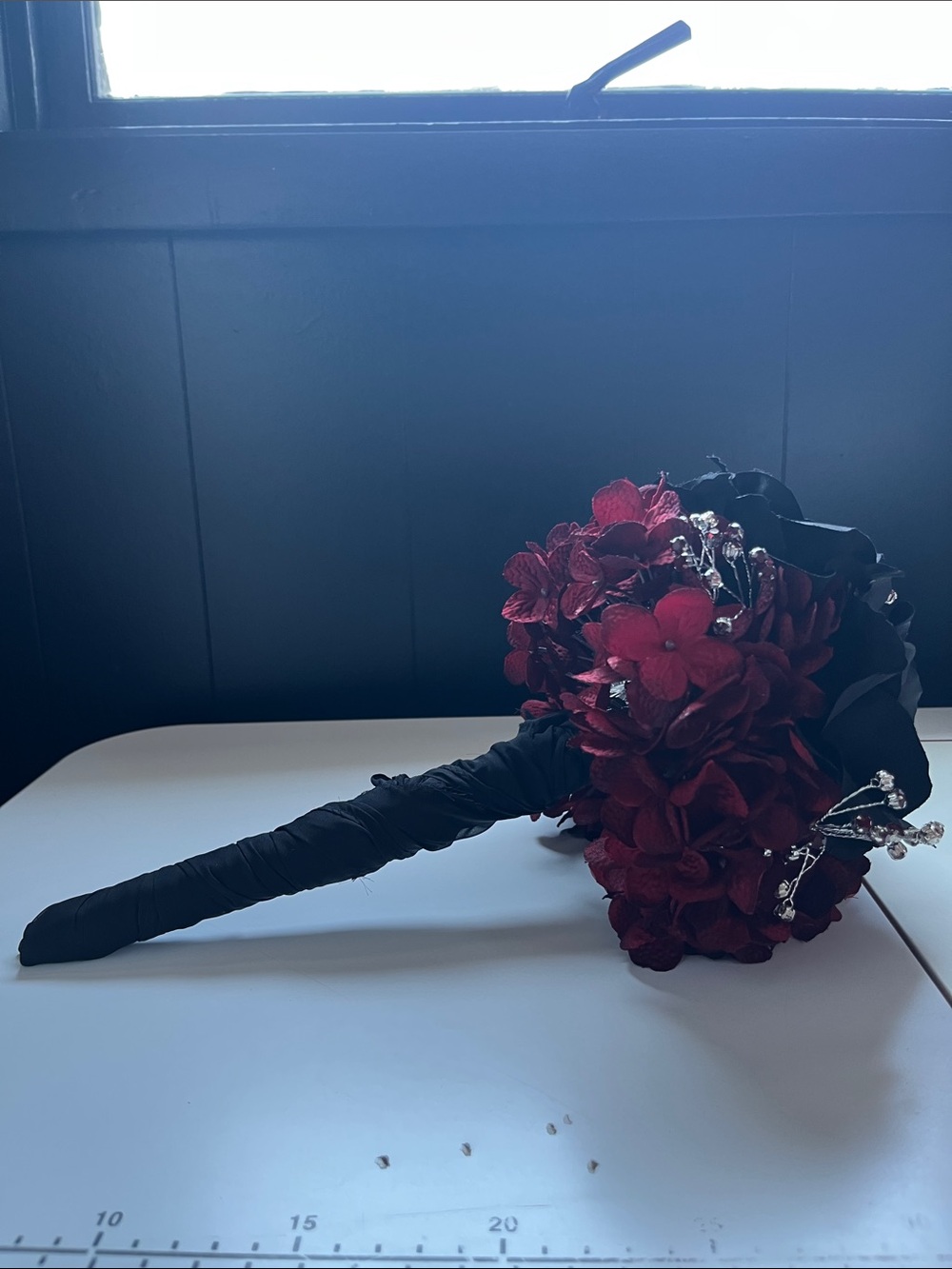 Black & Deep Red Floral Bouquet with Crystal Accents